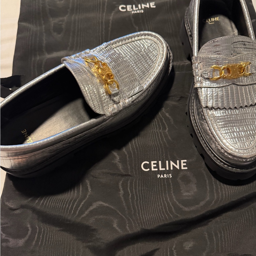 CELINE Women Silver Metallic Leather ChainDetail chunky Loafers size 38 like new
